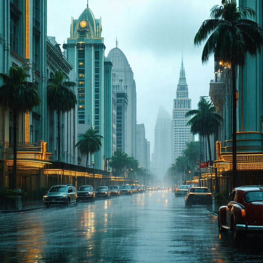 City street at night, with a rain-soaked atmosphere