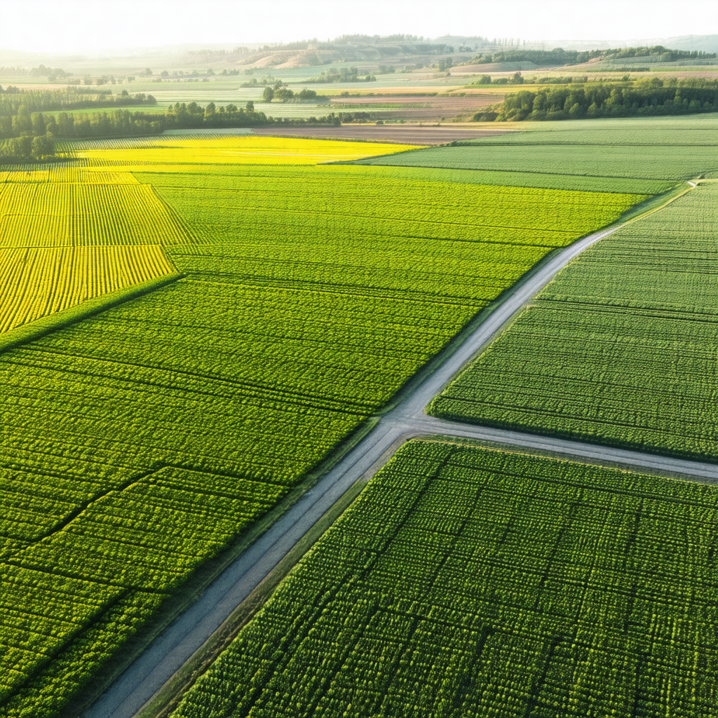 Large, lush green field with a dirt road running through it