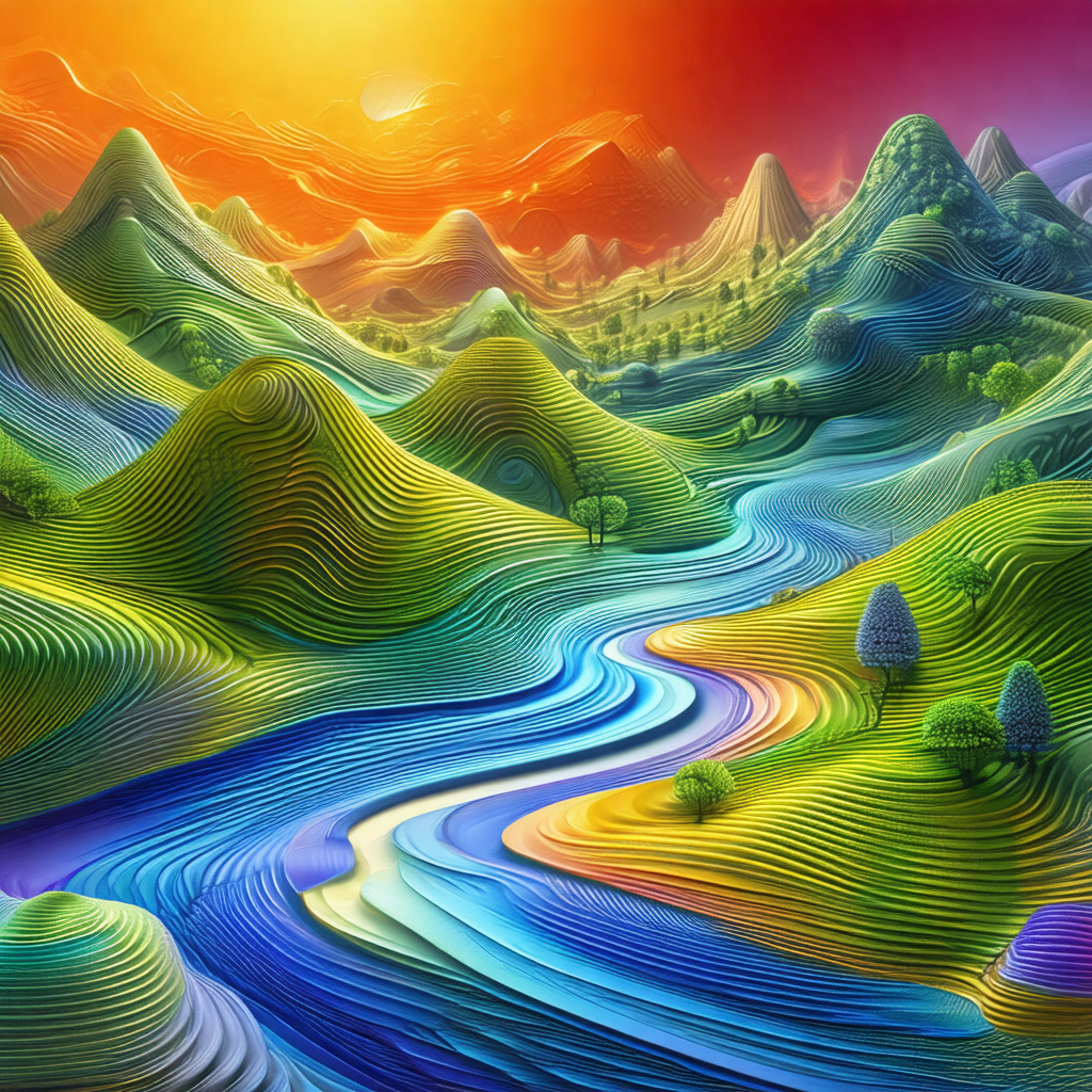Vibrant and colorful painting of a river flowing through ...