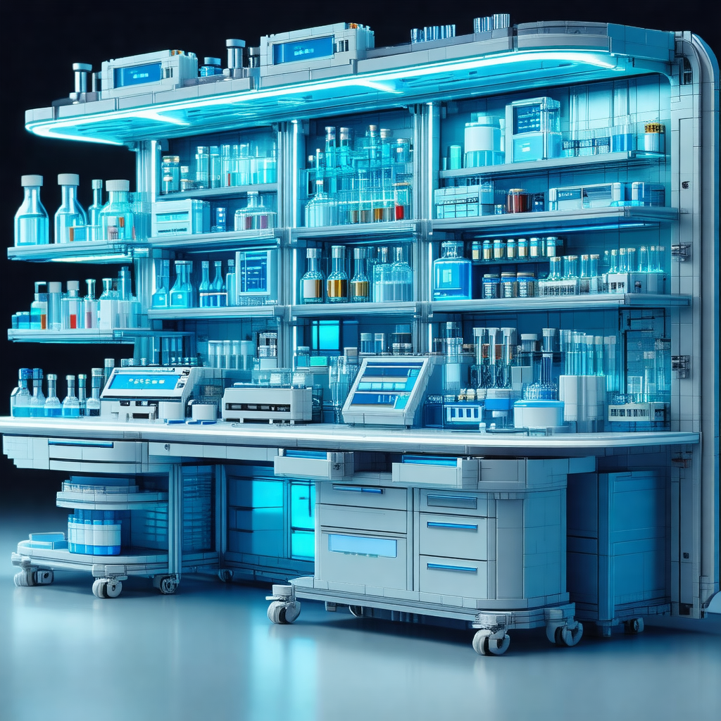 Large, blue, futuristic laboratory with a long counter an...