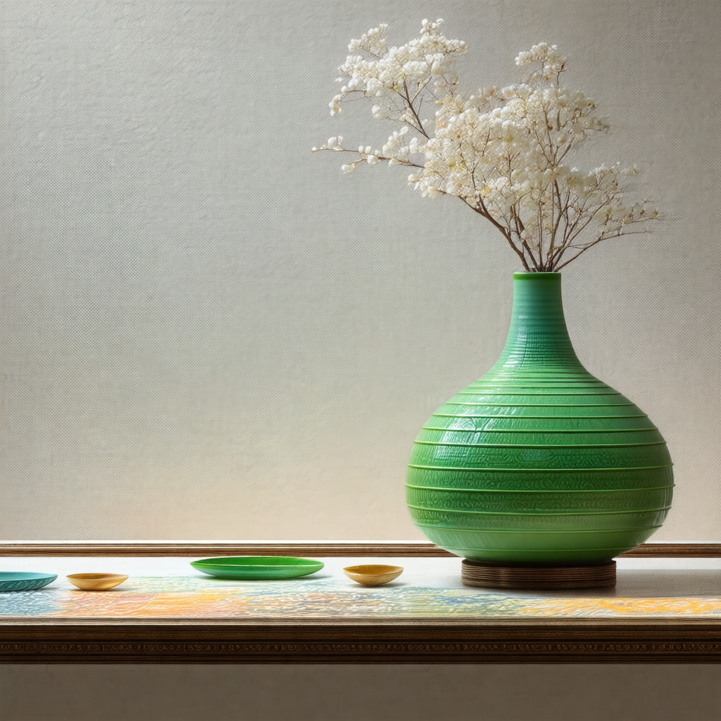 Green vase with a white flower arrangement placed on a table