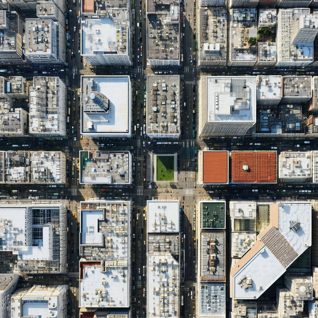 Bird's eye view of a city, showcasing the urban landscape...
