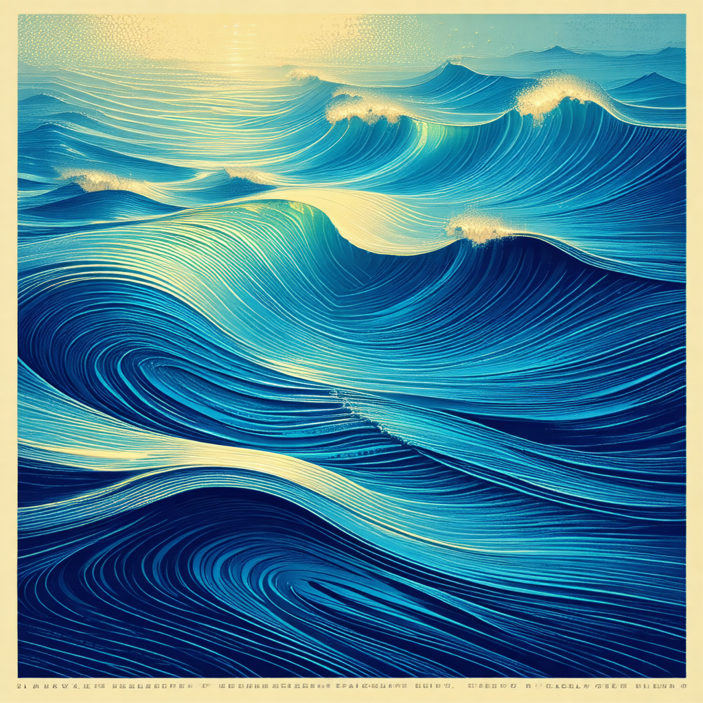 Painting of a large body of blue water with waves crashin...