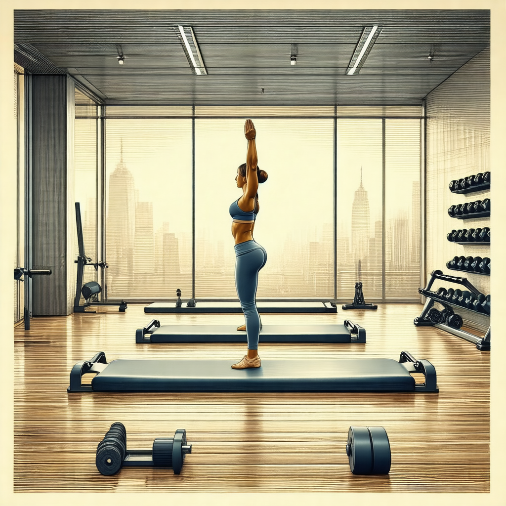 Painting of a woman in a gym, performing a workout