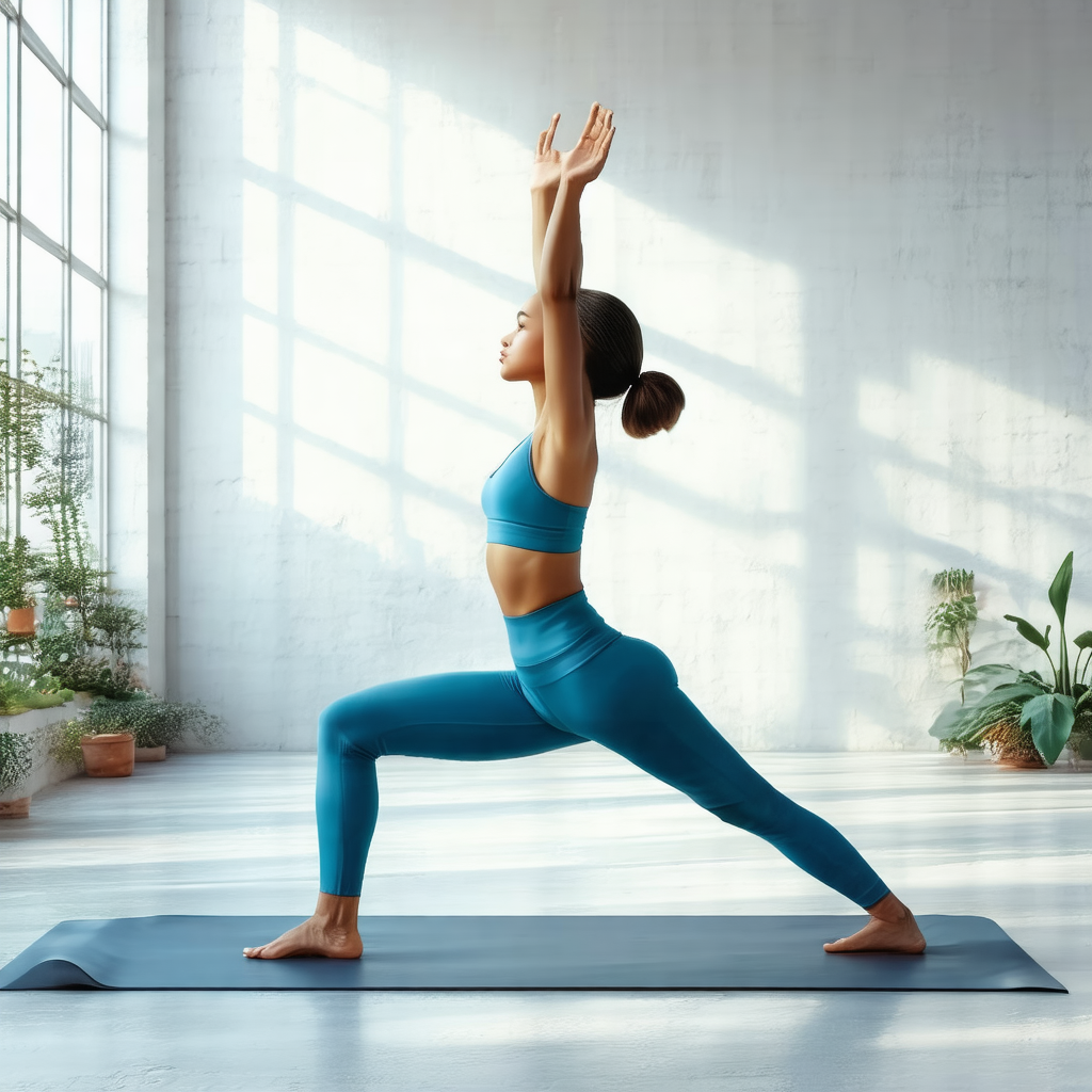 Woman in a blue shirt and blue leggings, standing on a yo...