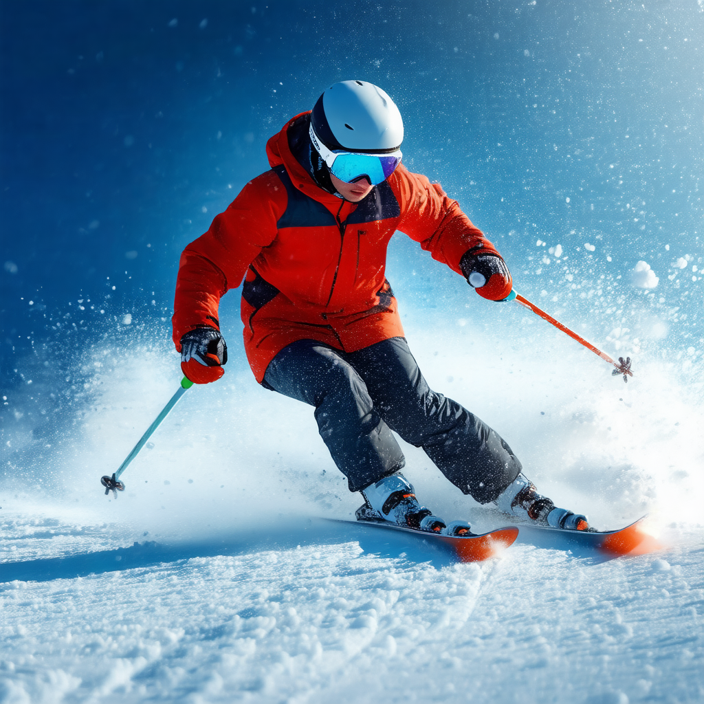 Captures a person skiing down a snow-covered slope
