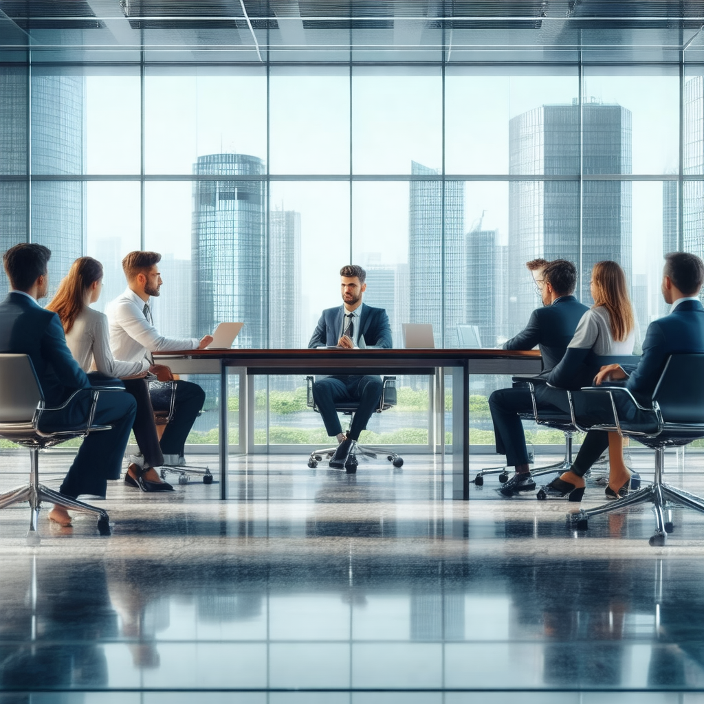 Group of people sitting around a conference table in a la...