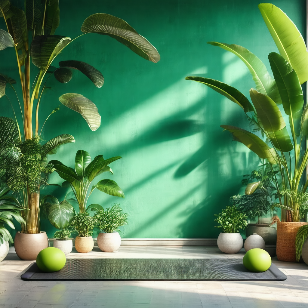Room with a green wall and a large green plant in the corner
