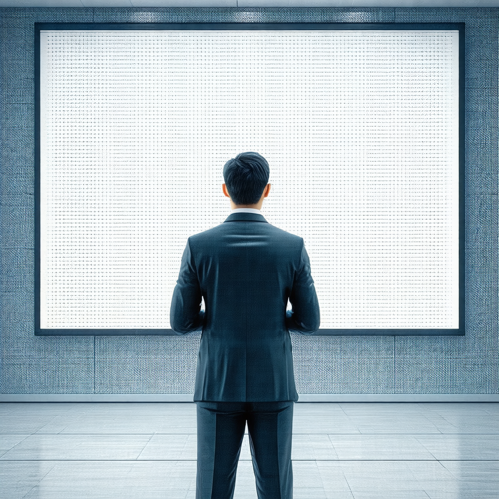 Man standing in front of a large screen, which is display...