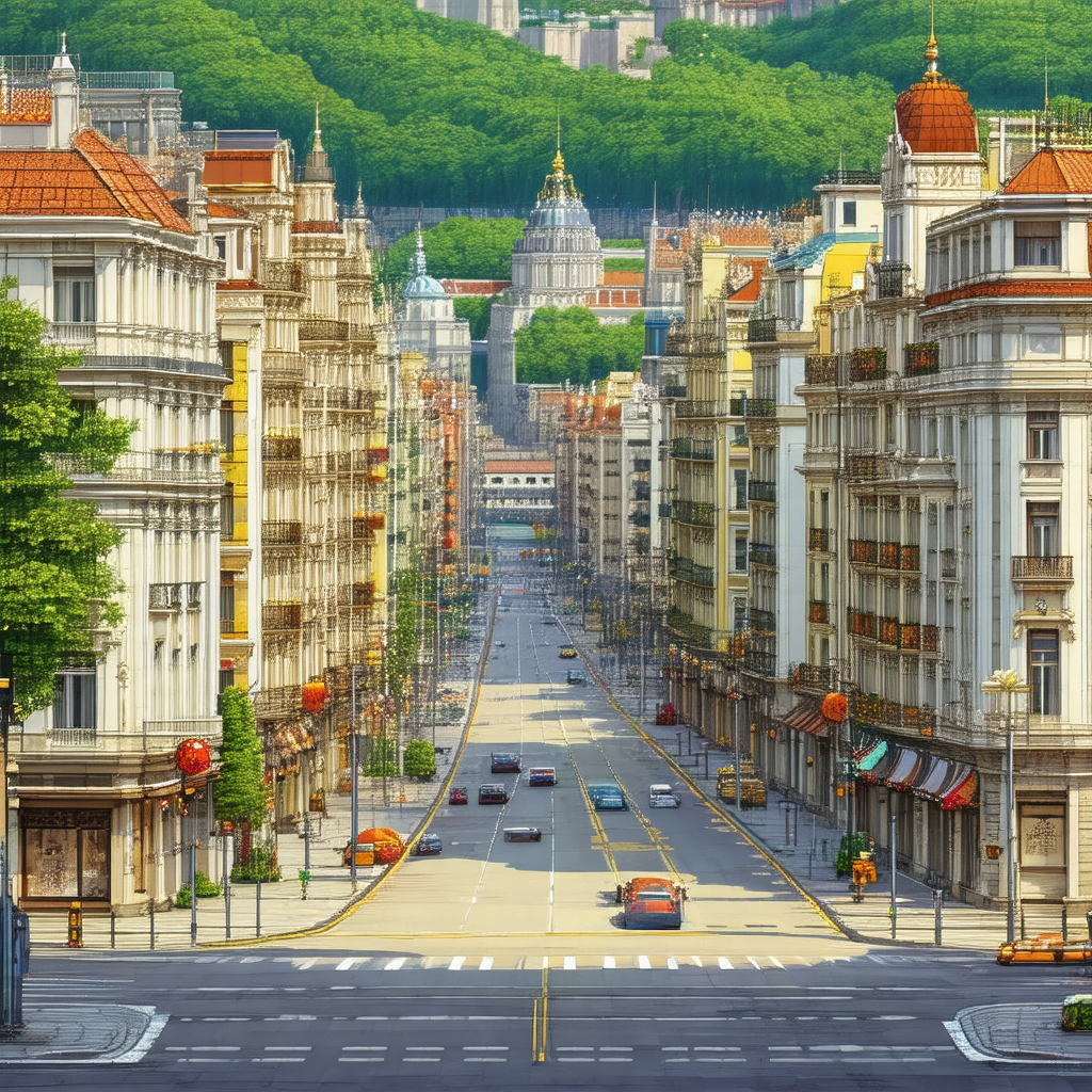 Painting of a city street with a variety of buildings and...