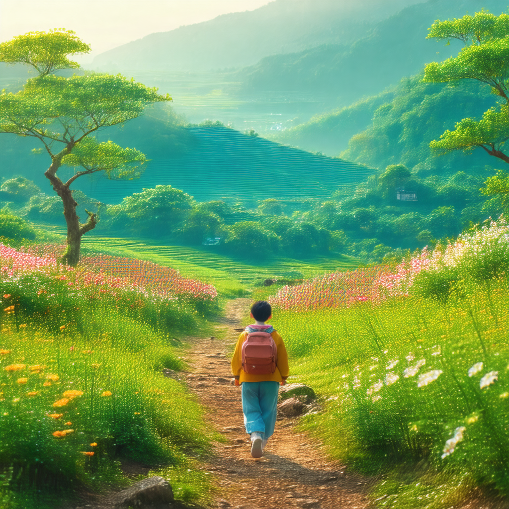 Man walking down a dirt road in a lush green field