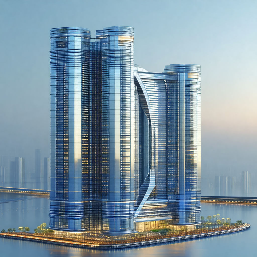 Large, modern building situated on a man-made island