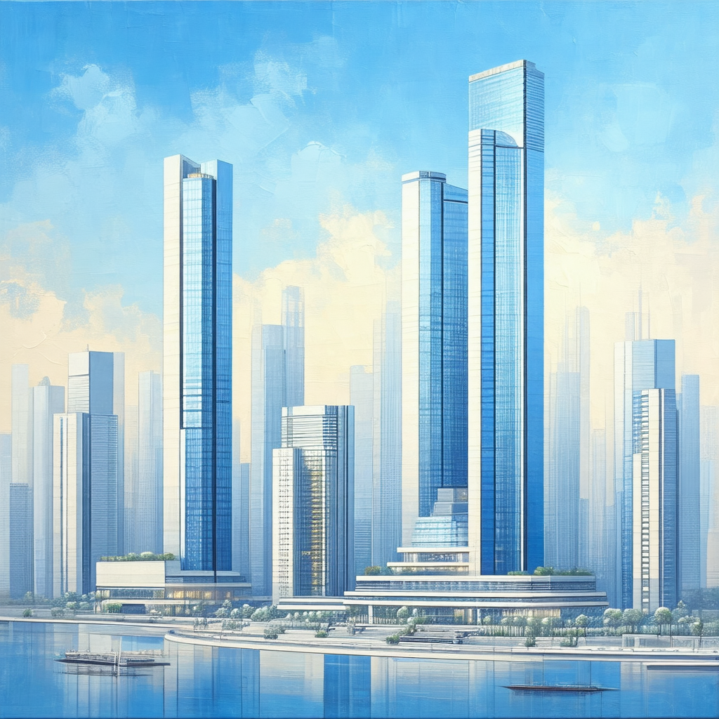 Painting of a city skyline, featuring a large building wi...