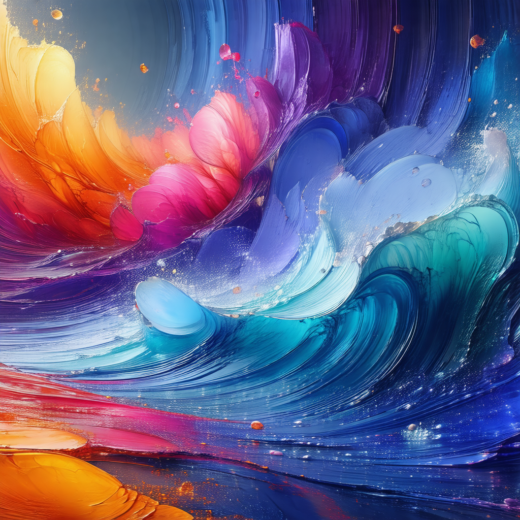 Painting of a colorful wave, featuring a mix of blue, pur...