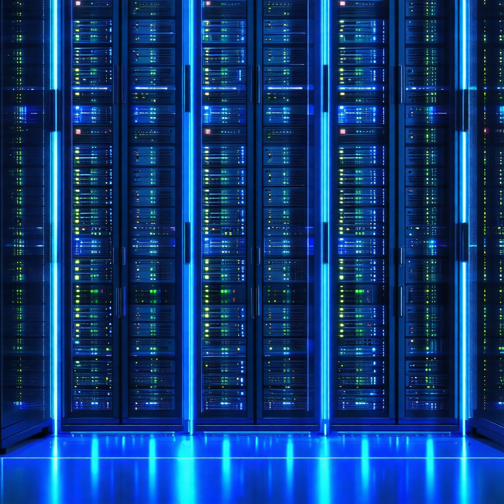 Large blue server room with a row of blue lights illumina...