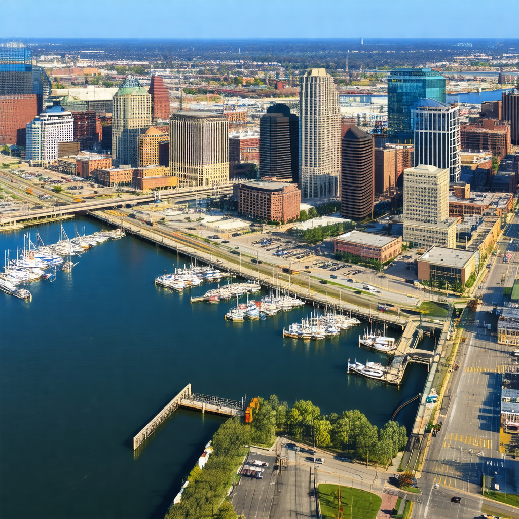 Bird's eye view of a city with a large body of water in t...