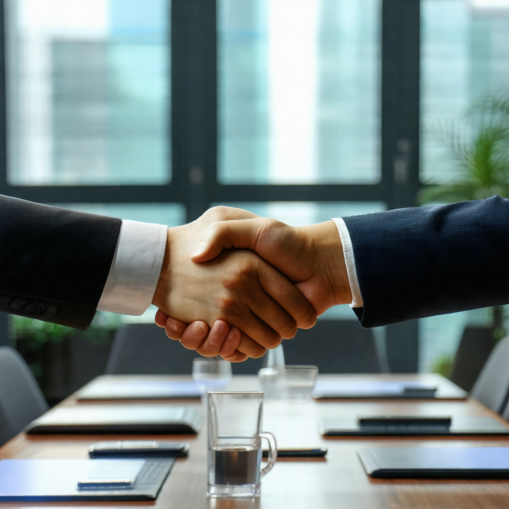 Man and a woman shaking hands in a professional setting