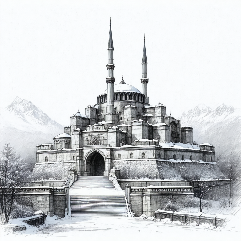 Drawing of a large, ornate building with a snow-covered roof
