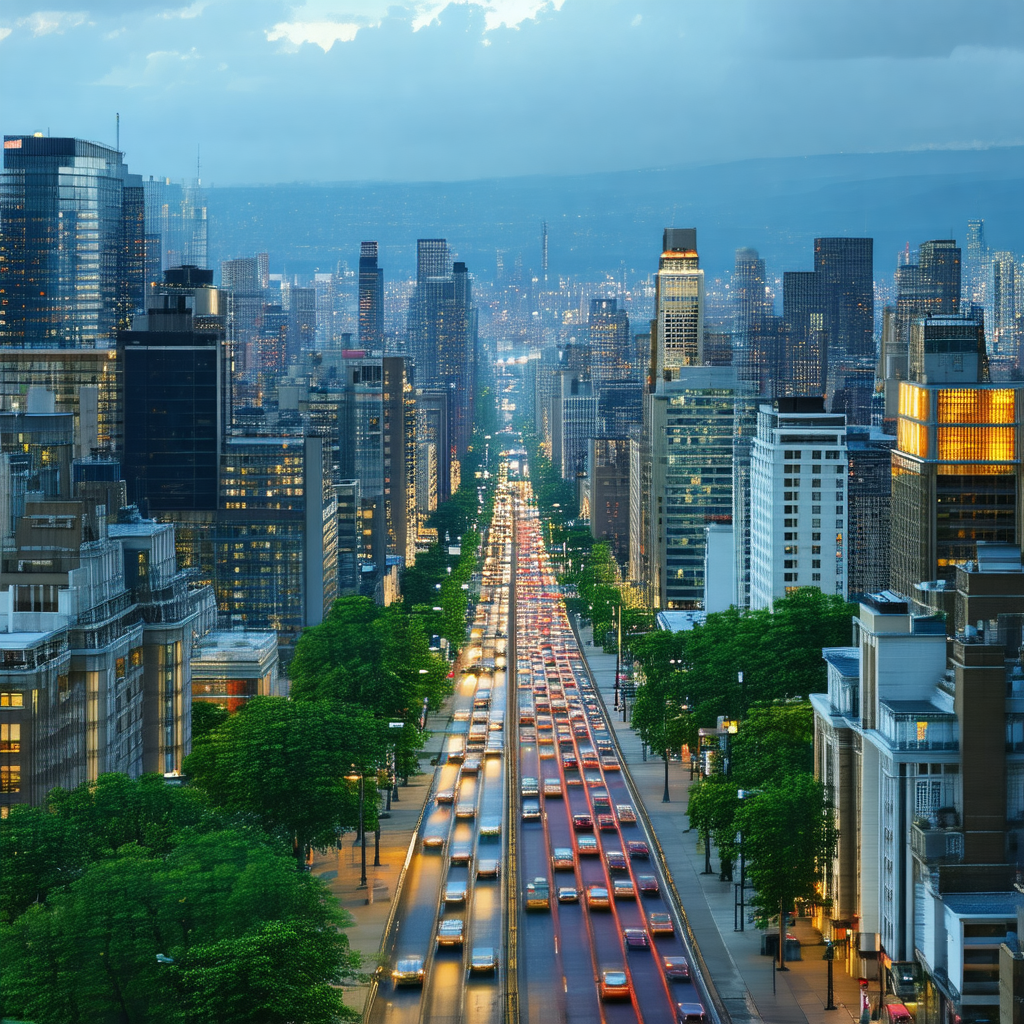 Nighttime view of a busy city street filled with traffic