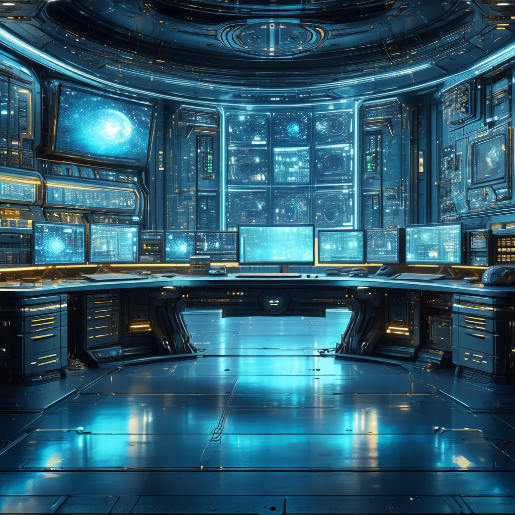 Futuristic control room with a large number of computer s...