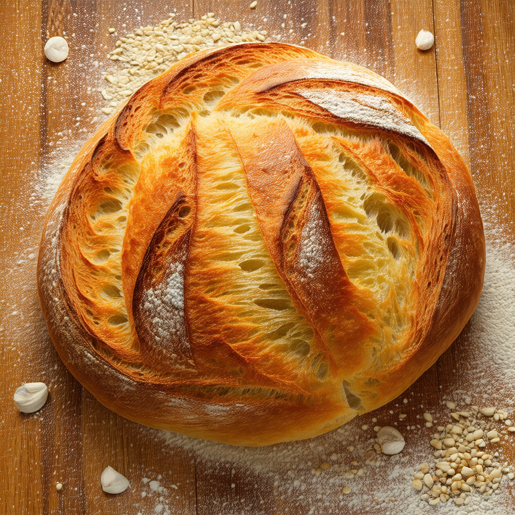 Large, freshly baked loaf of bread sitting on a wooden table