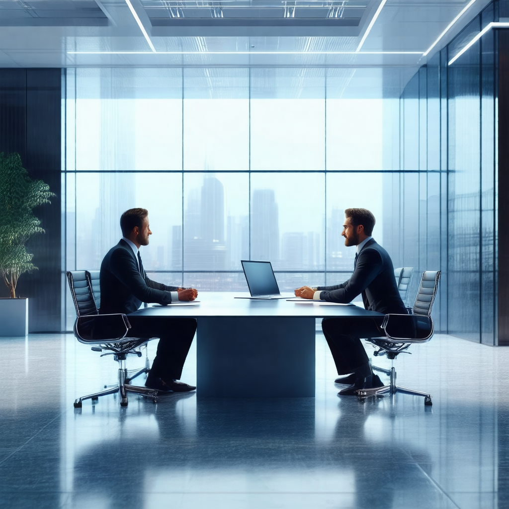 Modern office setting with two men sitting at a conferenc...