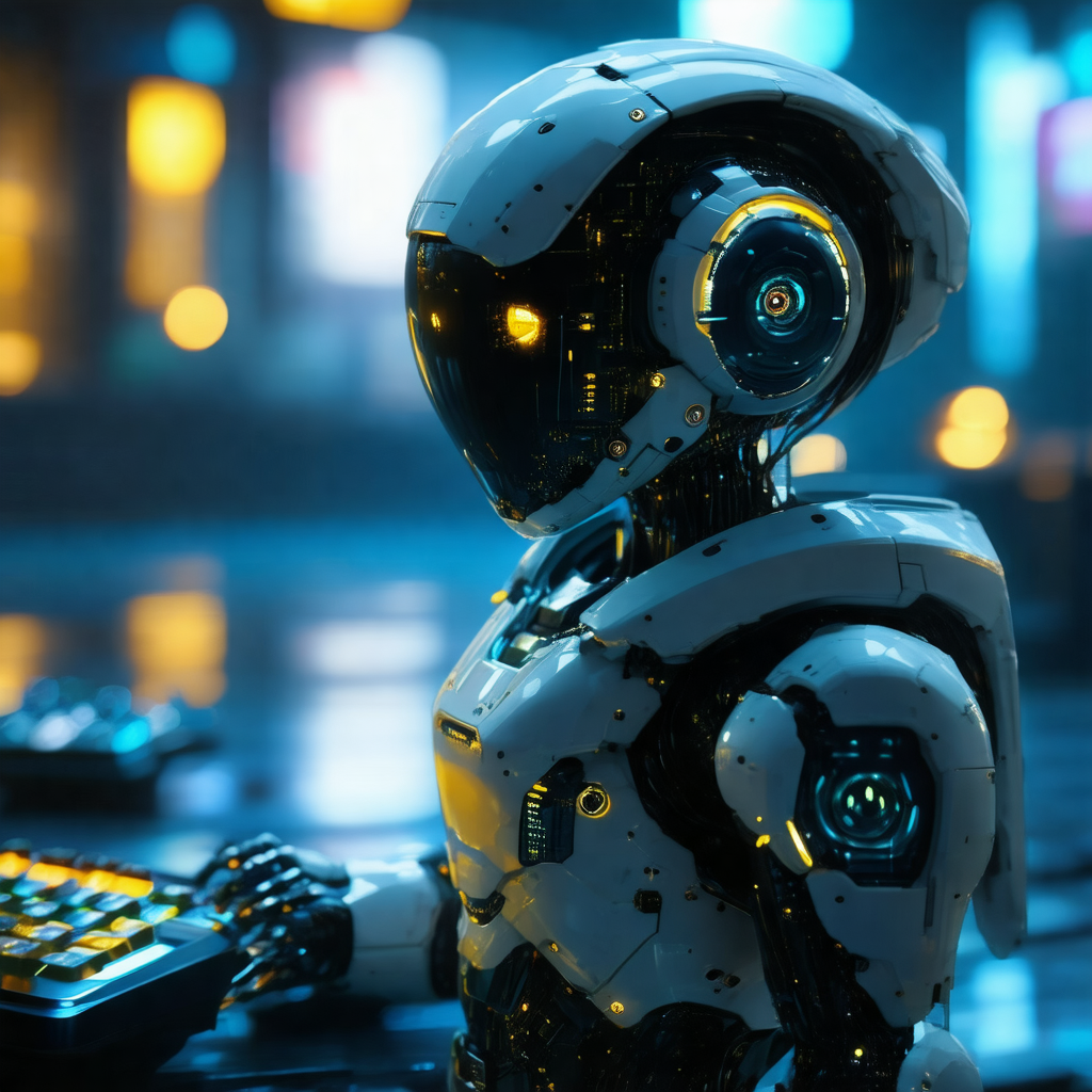 Futuristic robot with a white and black color scheme, sit...