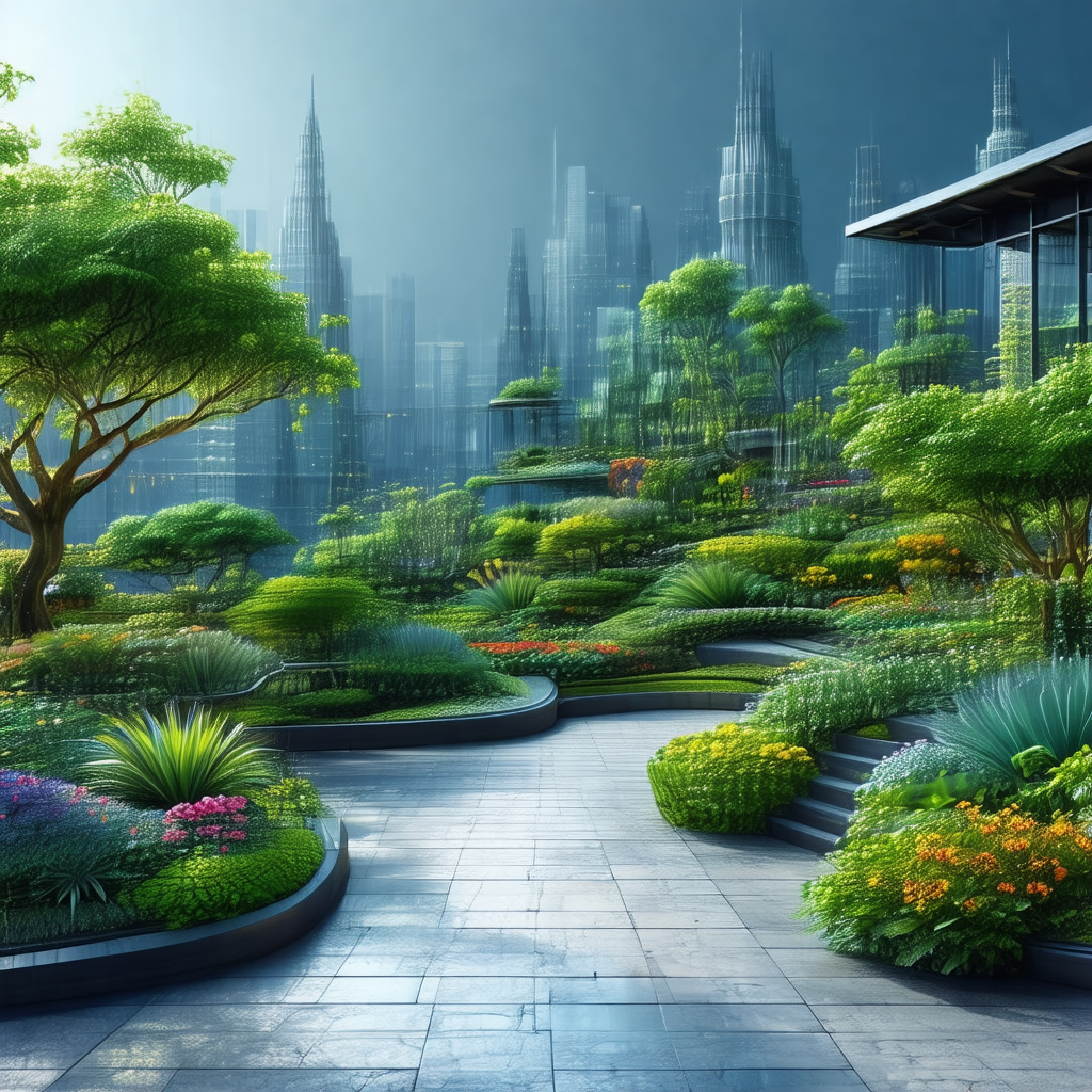 Digital painting of a city with a large garden in the mid...