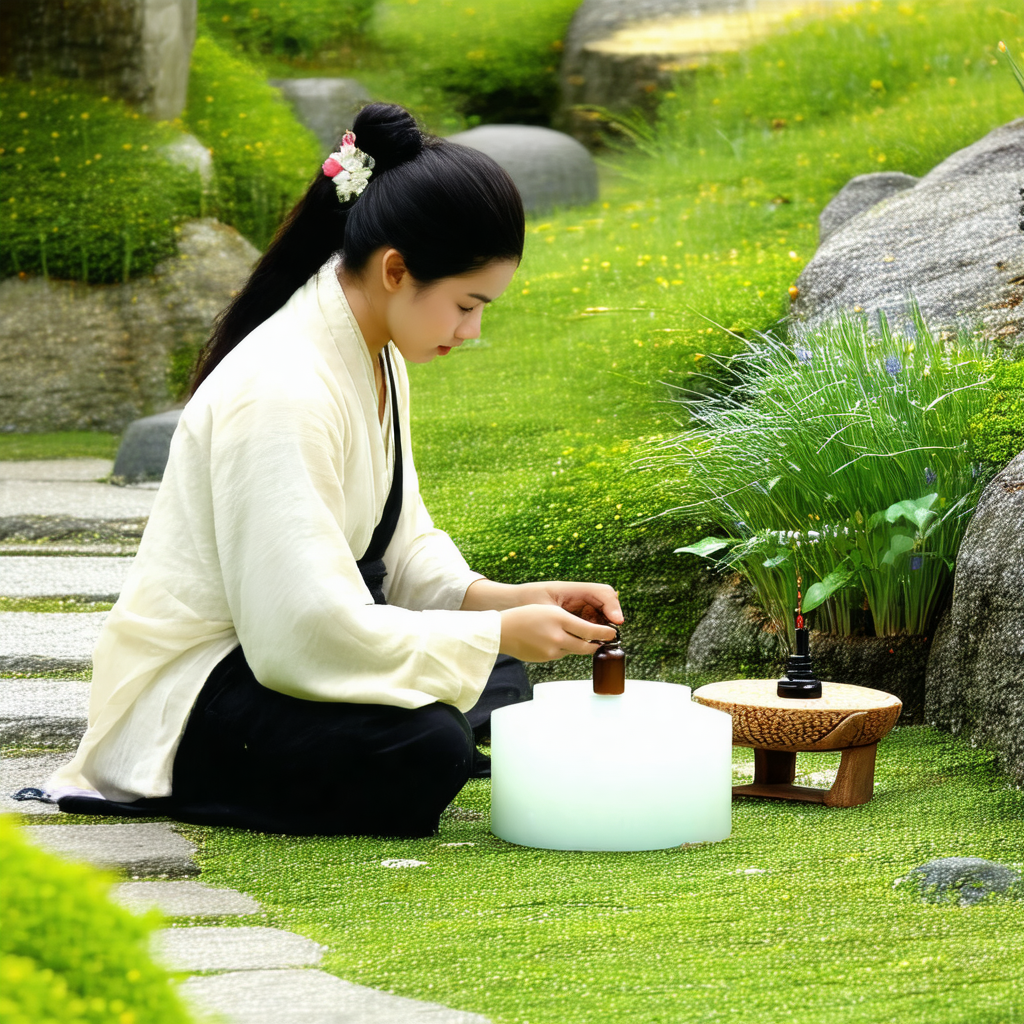 Woman sitting on the ground, surrounded by a beautiful ga...