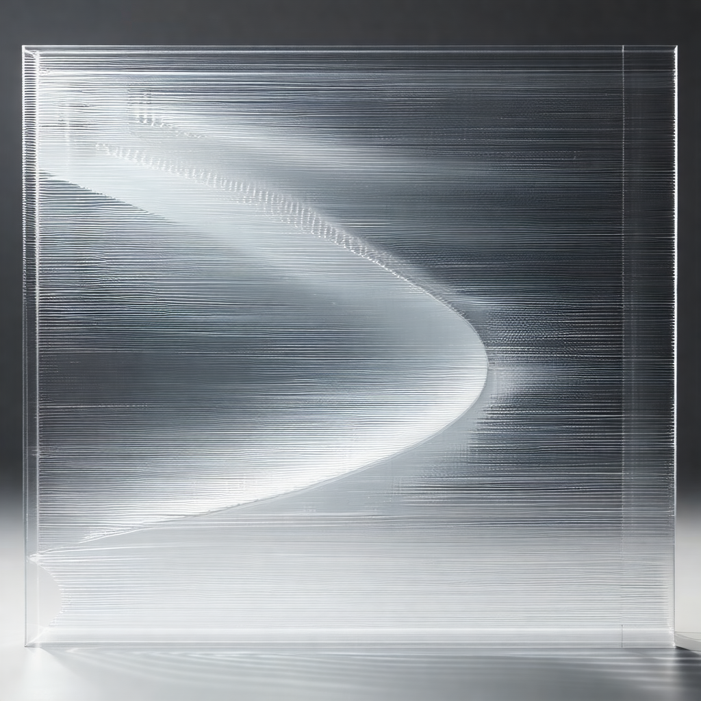 Large, clear glass sculpture that resembles a wave