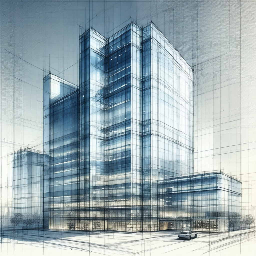 Drawing of a large building, possibly a skyscraper, with ...