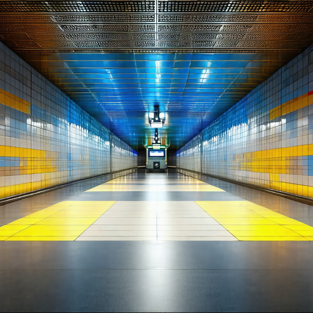 Long, narrow subway tunnel with a yellow line on the floor