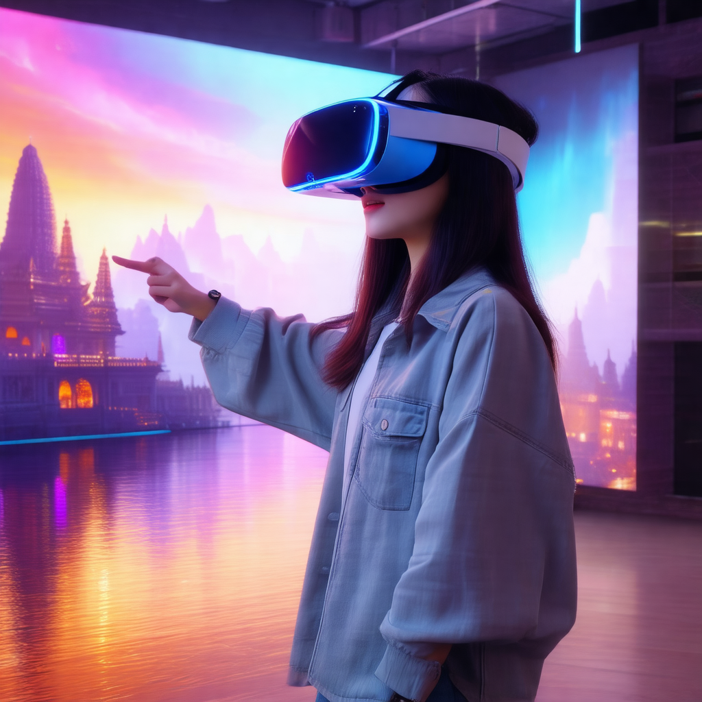 Woman wearing a vr headset, standing in a room and pointi...