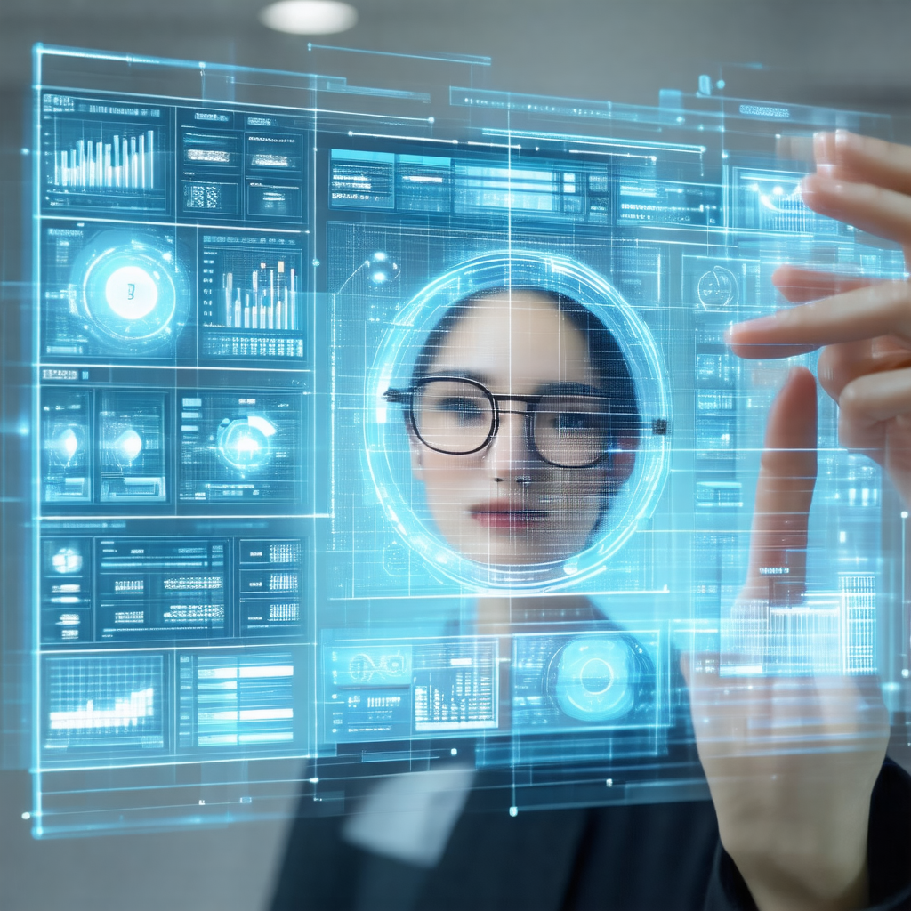 Woman wearing glasses, with a computer screen in front of...