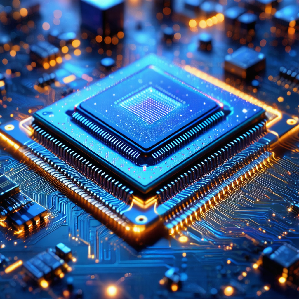 Close-up of a computer chip with a blue square in the center
