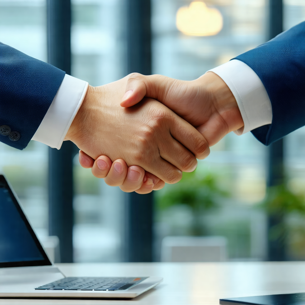 Two men shaking hands in a professional setting