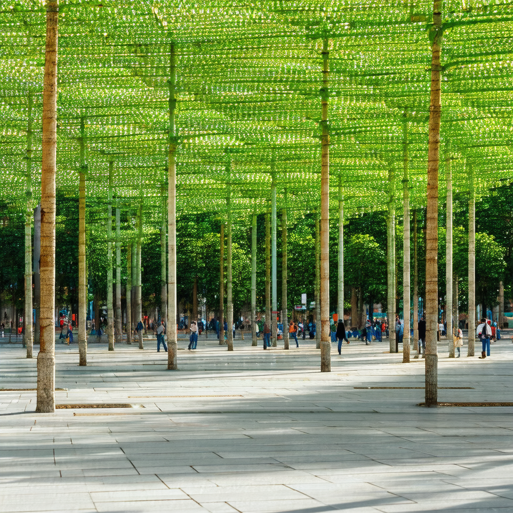 Large, open area with a group of people walking around