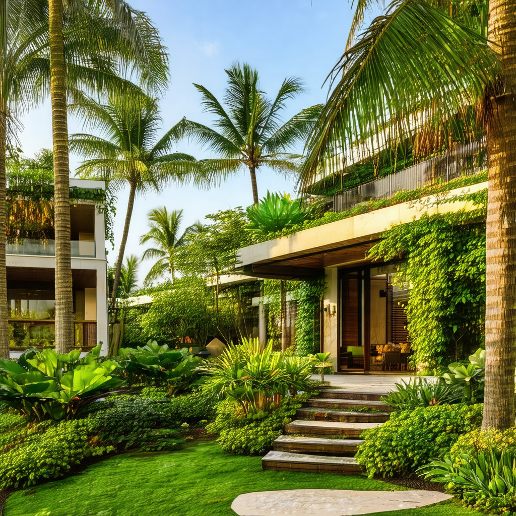 Beautiful tropical garden with a large house in the backg...