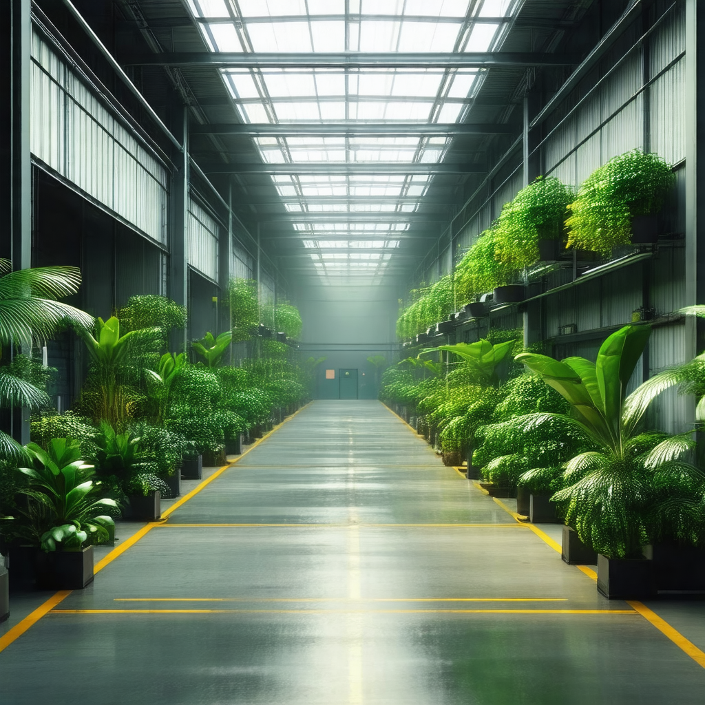 Large, long room filled with numerous potted plants