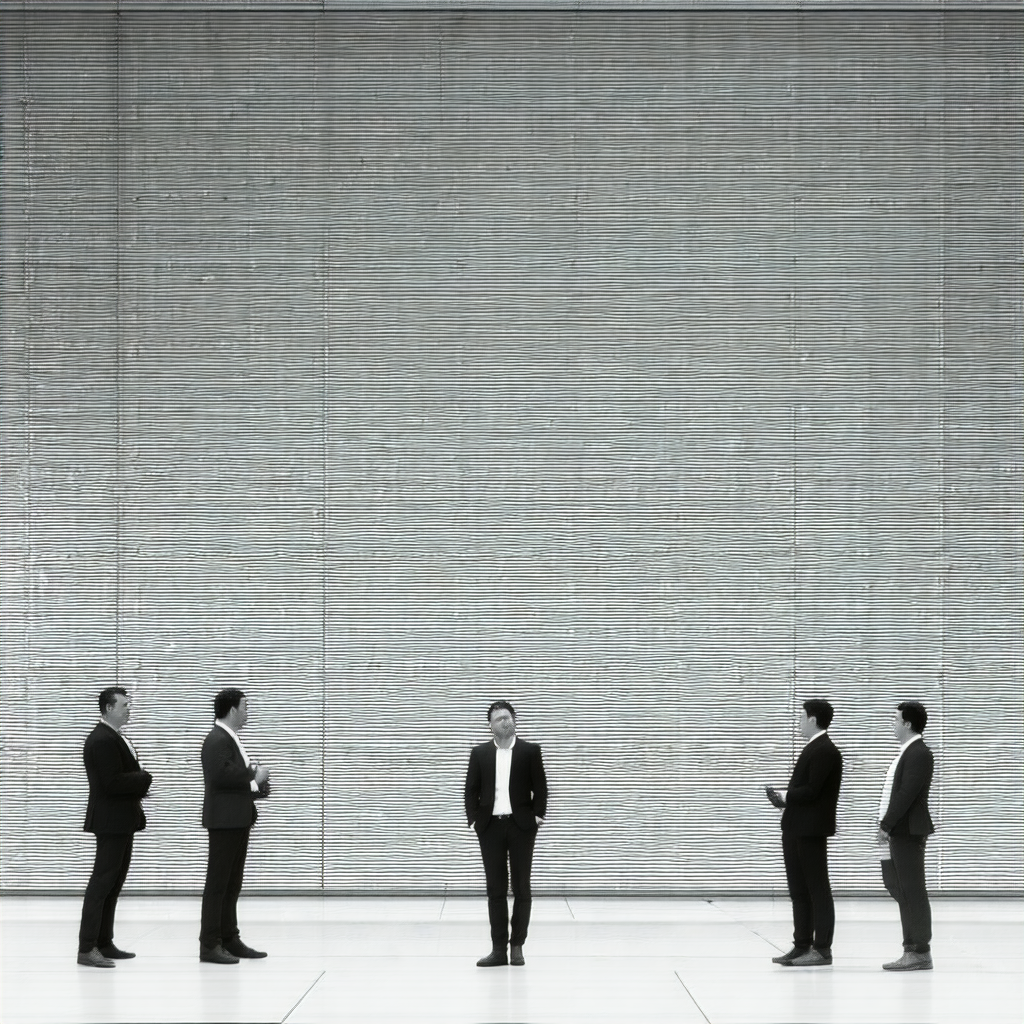Group of men standing in a room, possibly a lobby or a ha...