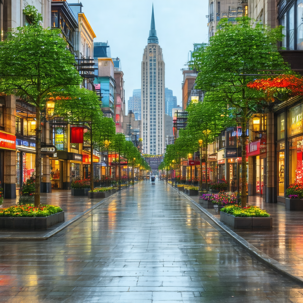 City street with a large building in the background