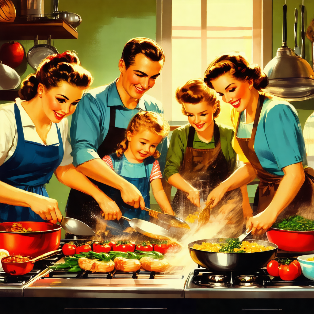 Colorful cartoon depiction of a family gathered in a kitc...