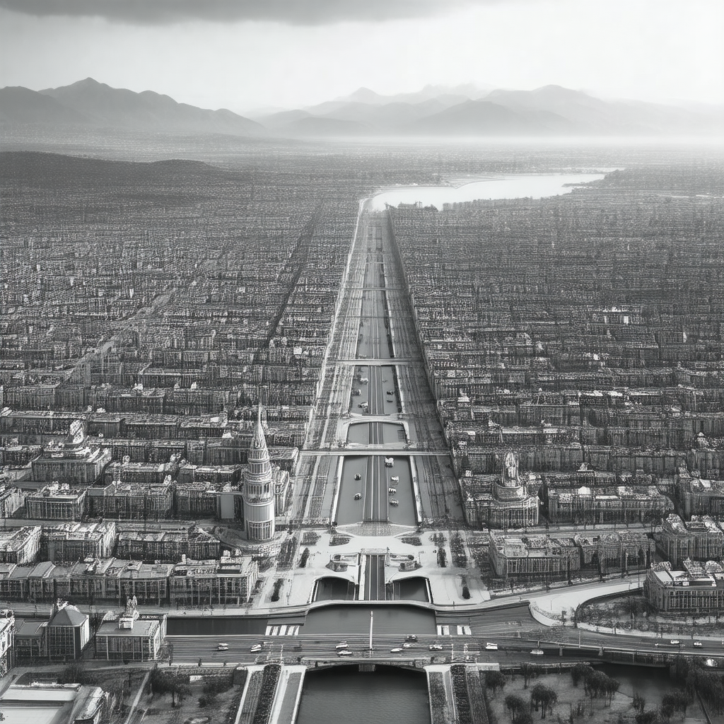 Black and white photo of a city street with a large bridg...