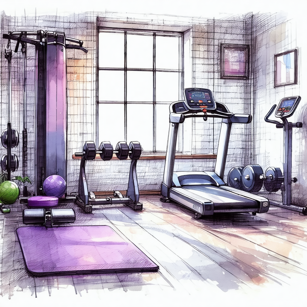 Cartoon drawing of a gym with a variety of exercise equip...