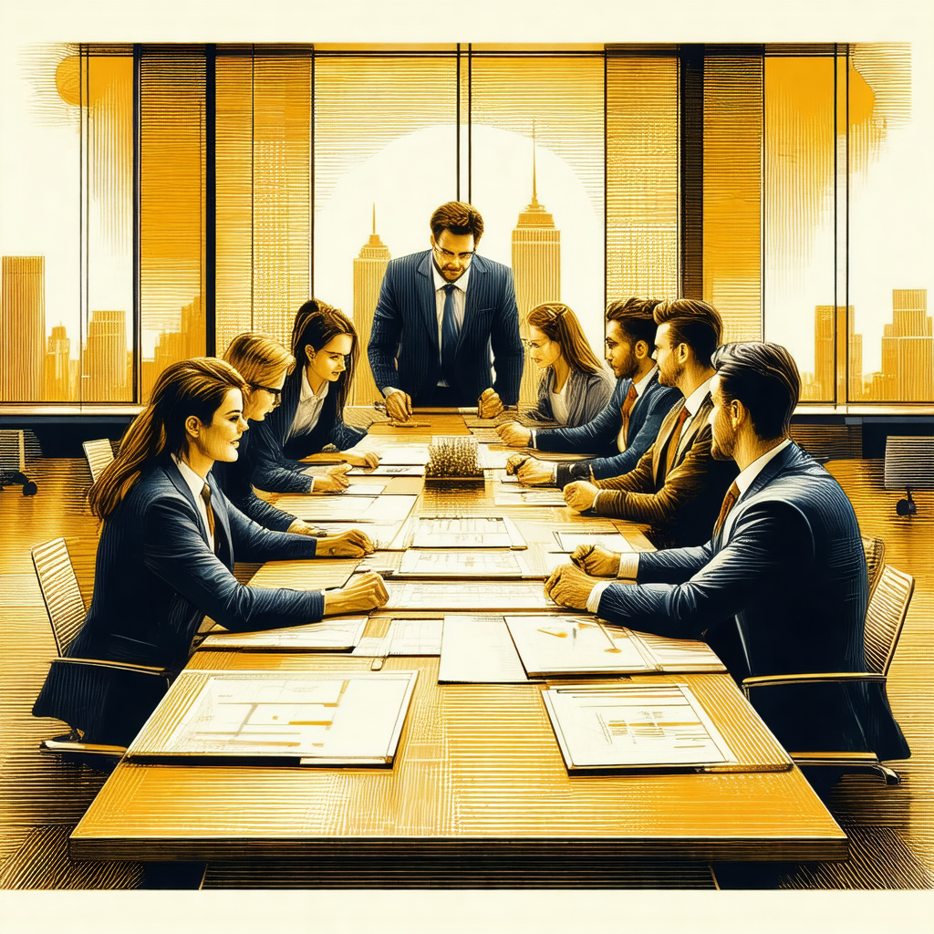 Group of people sitting around a large wooden table, enga...