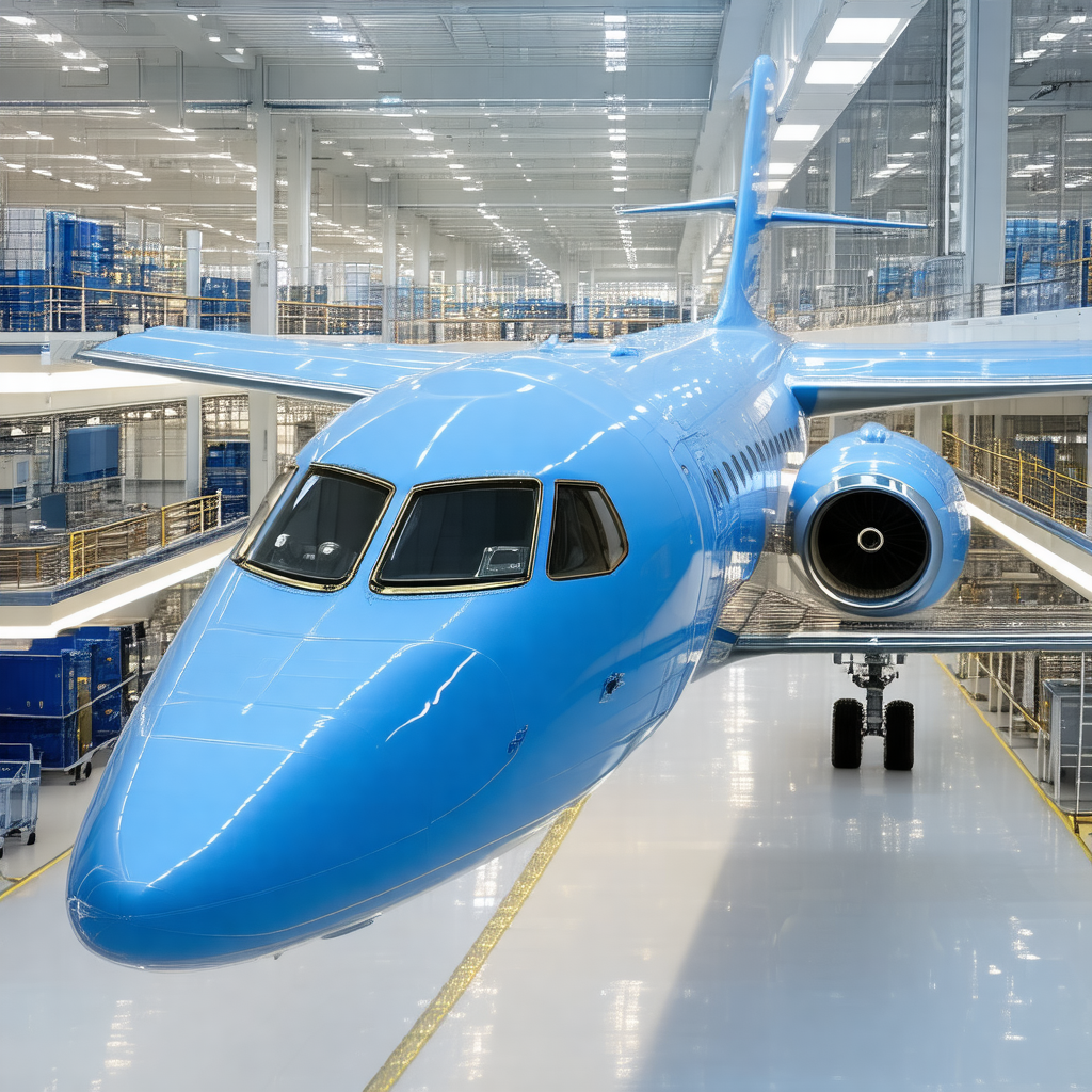 Large blue airplane parked inside a hangar