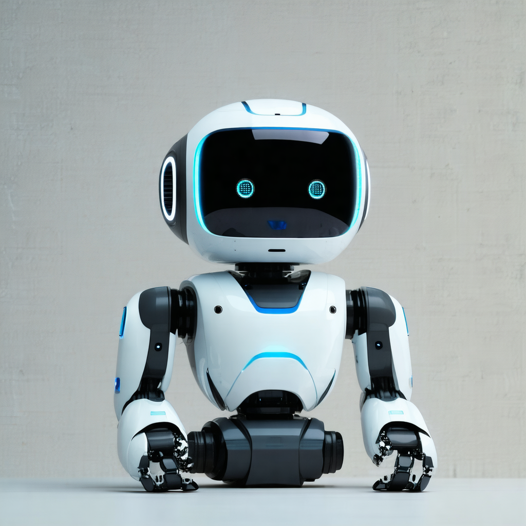 White robot with blue eyes, sitting on a table