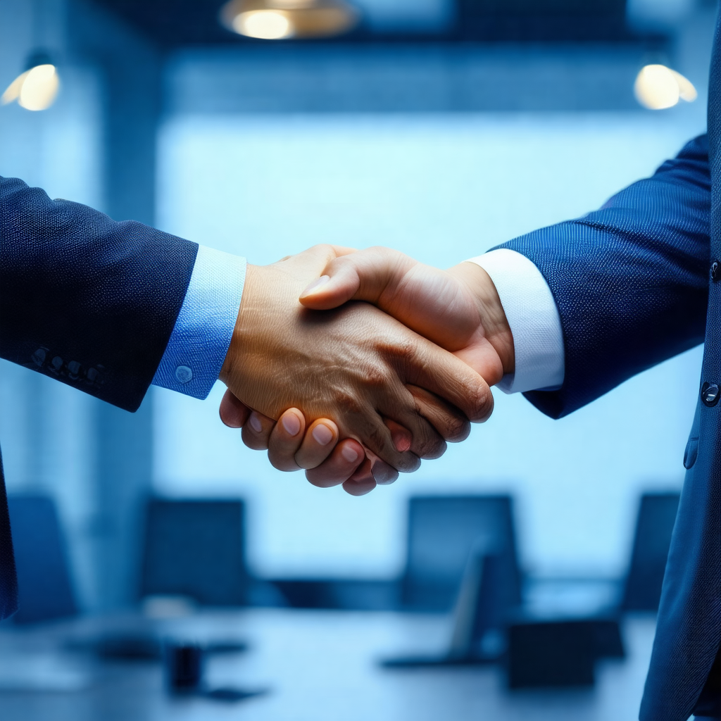 Two men shaking hands in a professional office setting