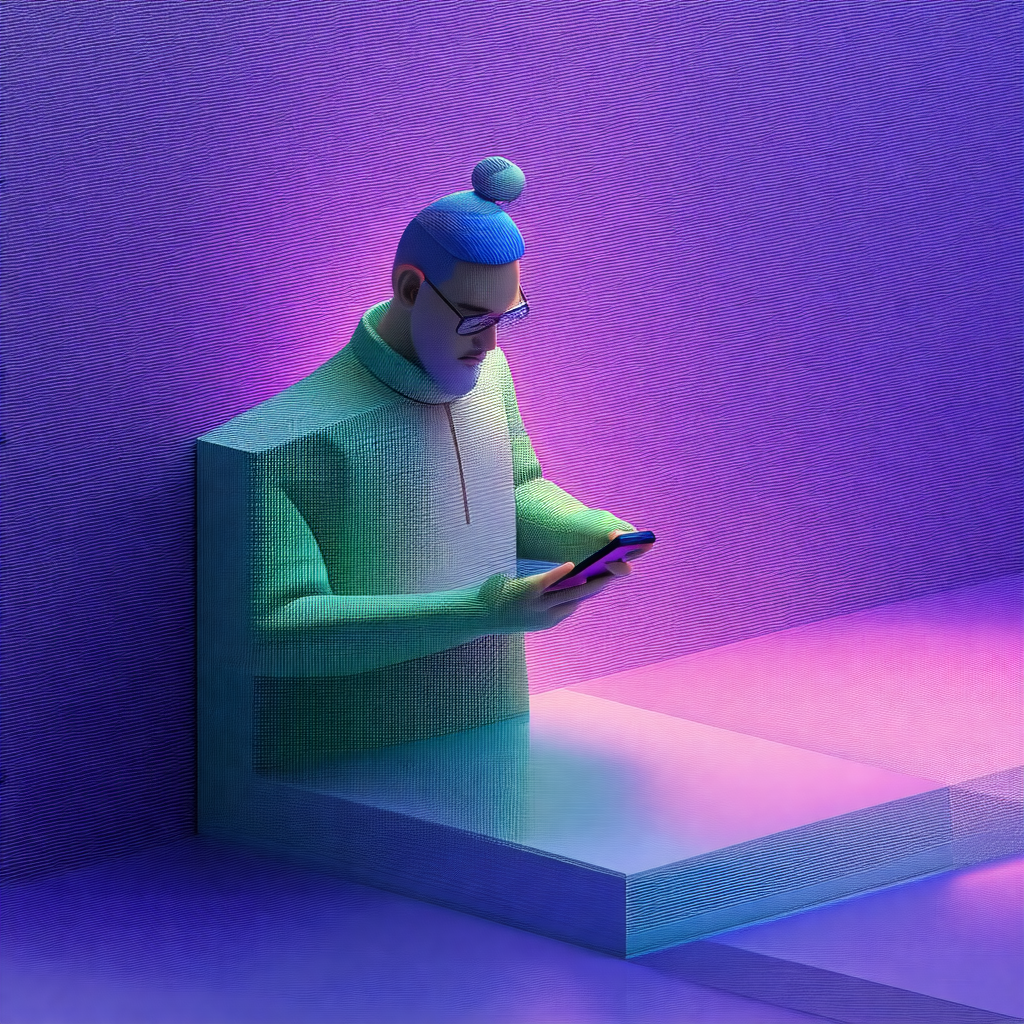 Man sitting on a bench, looking at his cell phone