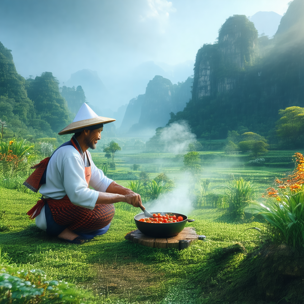 Man sitting on the ground in a lush green field, surround...